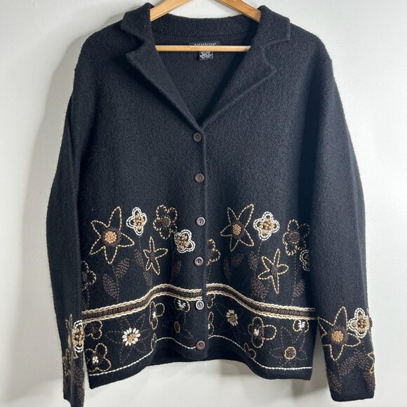 Paraphrase Sweater Jacket Womens L Black Boiled Wool Floral Embroidered Cottage - Picture 1 of 9